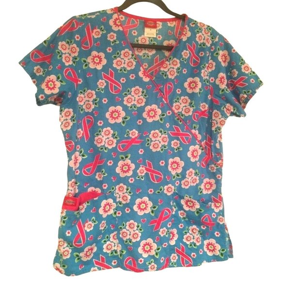 Dickies Scrub Top Breast Cancer Ribbon Cross Body V neck Tie Blue Pink - Picture 1 of 7